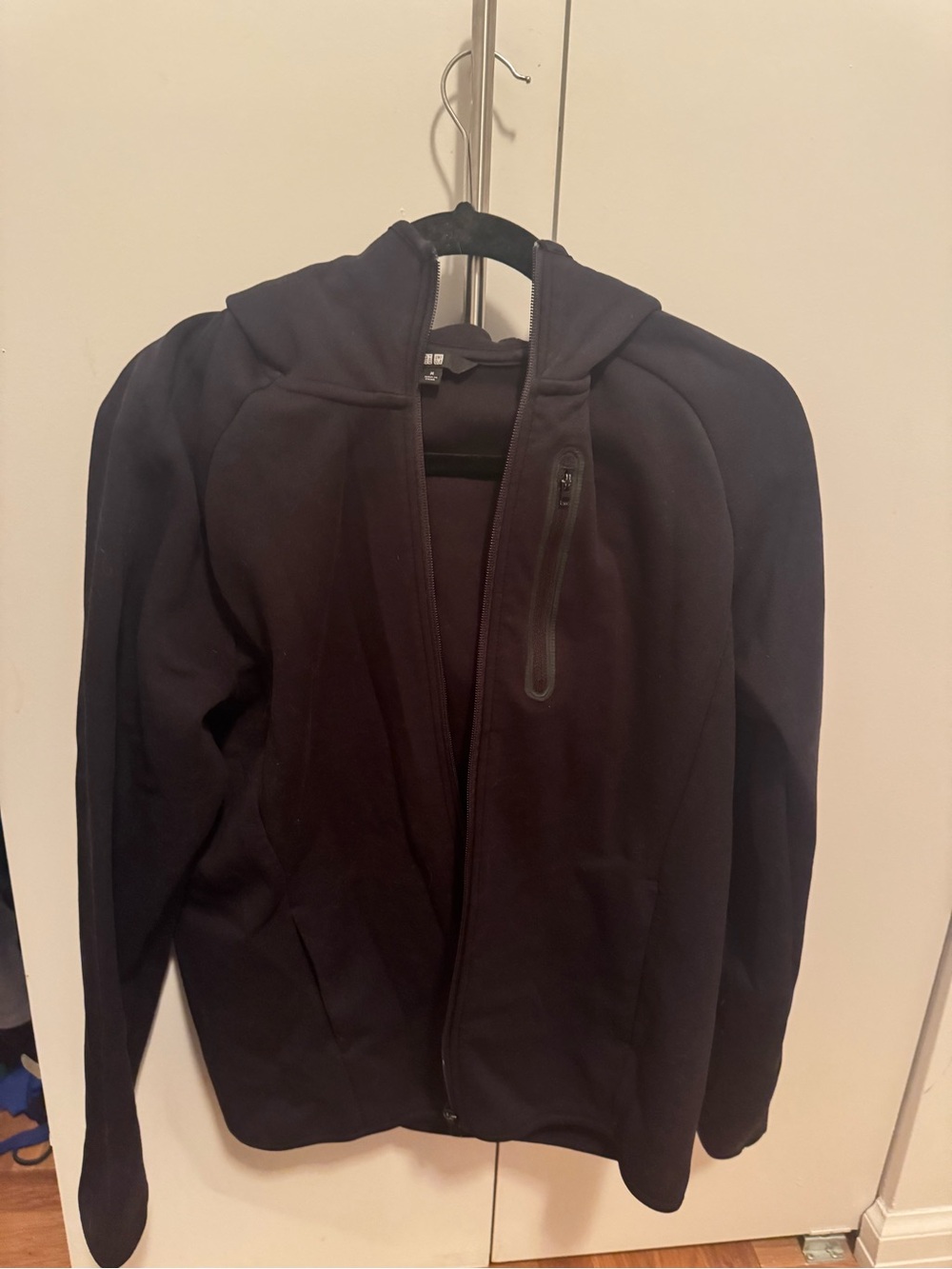 Uniqlo Men's Black Hooded Performance Jacket with Chest Zip